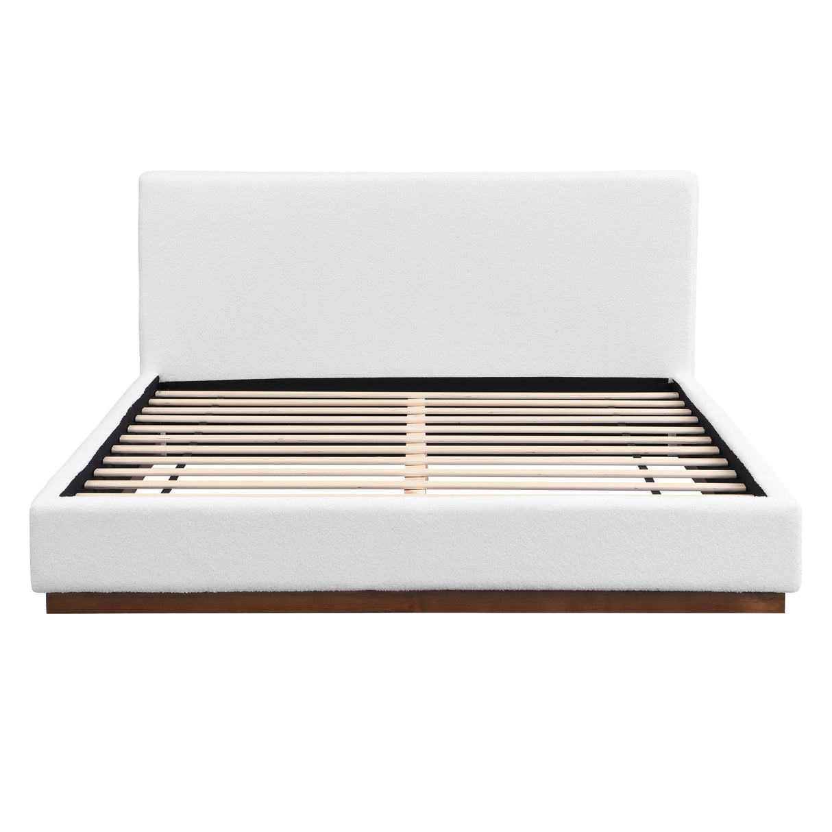 Elegant Boucle Upholstered Bed With Wood Grain Textured Solid Wood Base Frame