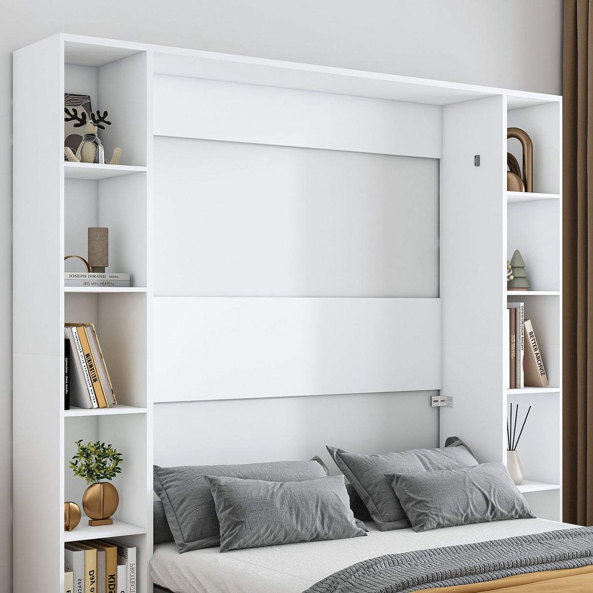 Queen Murphy Bed With Storage Cabinet - White
