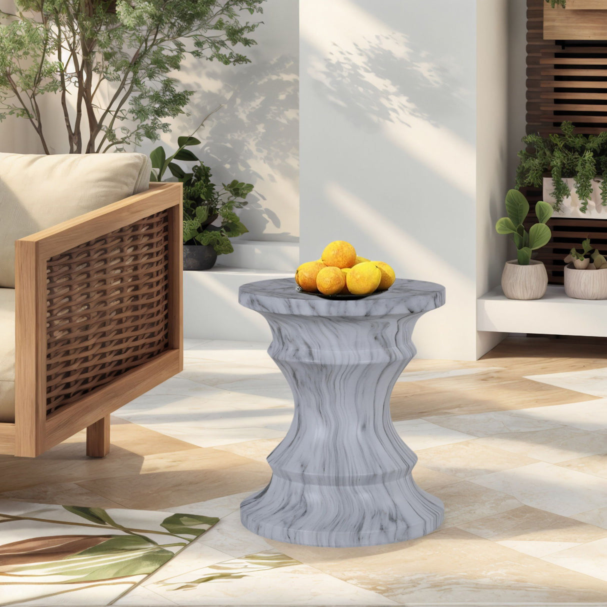 Geometric Round Outdoor End Table - Marble