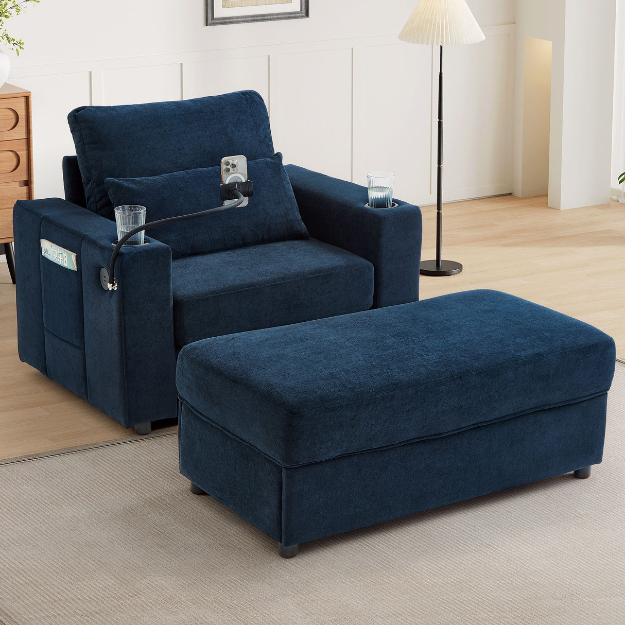 Modern Style Armchair Chaise Lounge Sofa Couch With Movable Storage Ottoman, USB Ports, Cup Holders, Phone Holder, Side Pockets