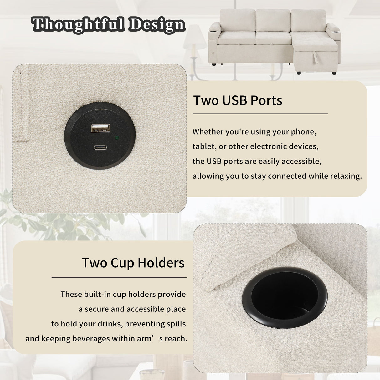 Convertible L Shaped Sofa Couch With Storage, Cup Holders, USB Ports