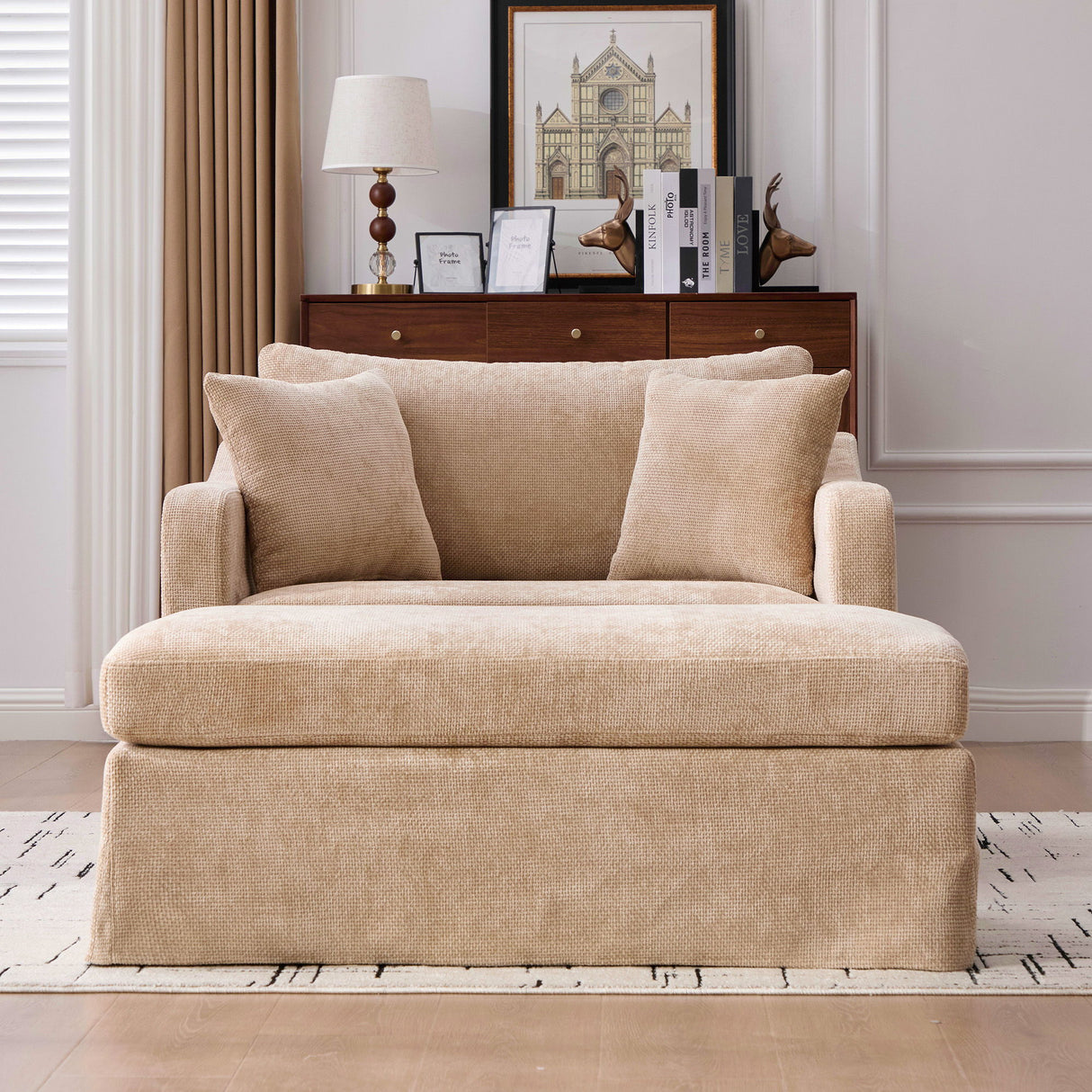 Accent Chair Wide With 2 Bolster Pillows, And Matching Ottoman