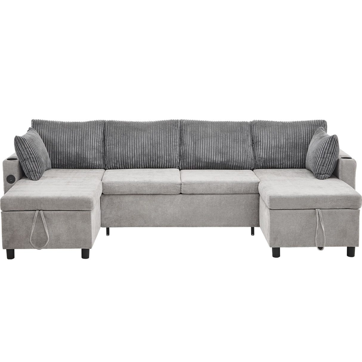Sectional Sofa Bed With Pull Out Sleeper, USB Ports, Cup Holders
