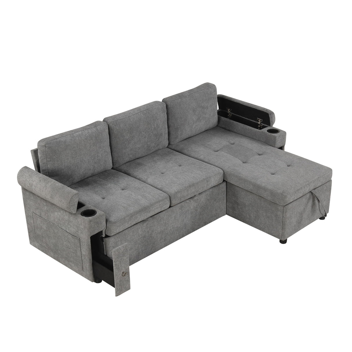 Convertible L Shaped Sofa Couch With Storage, Cup Holders, USB Ports