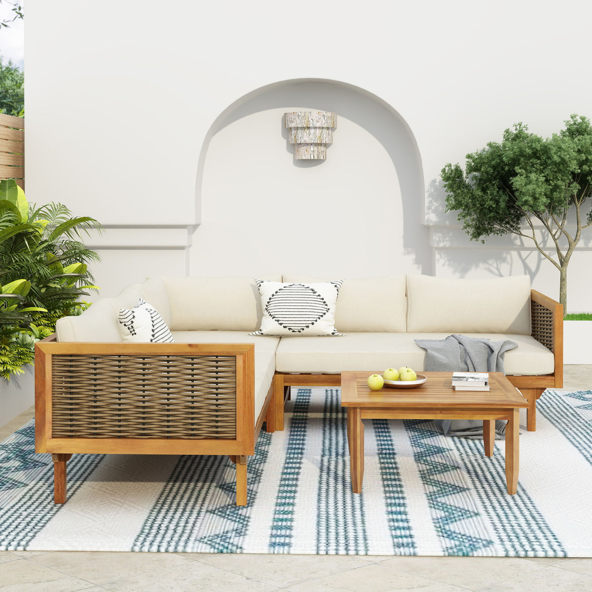 Premium Outdoor Sofa Set With Waterproof Cushions Sectional Seating Group With Acacia Wood And Wicker - Brown Mix / Beige