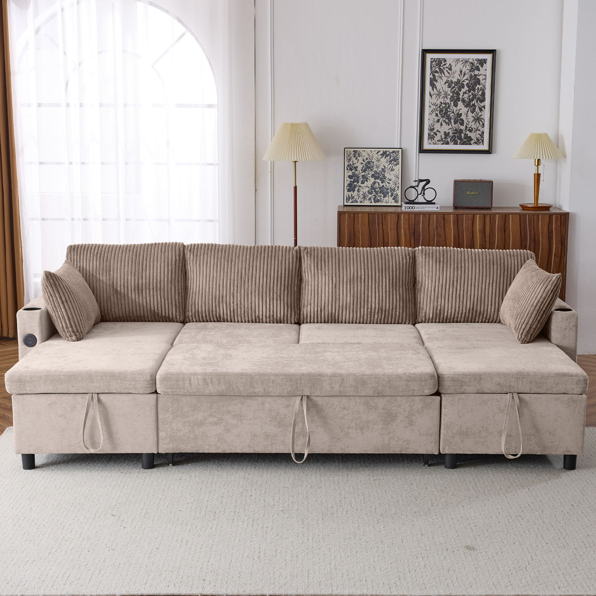 Sectional Sofa Bed With Pull Out Sleeper, USB Ports, Cup Holders