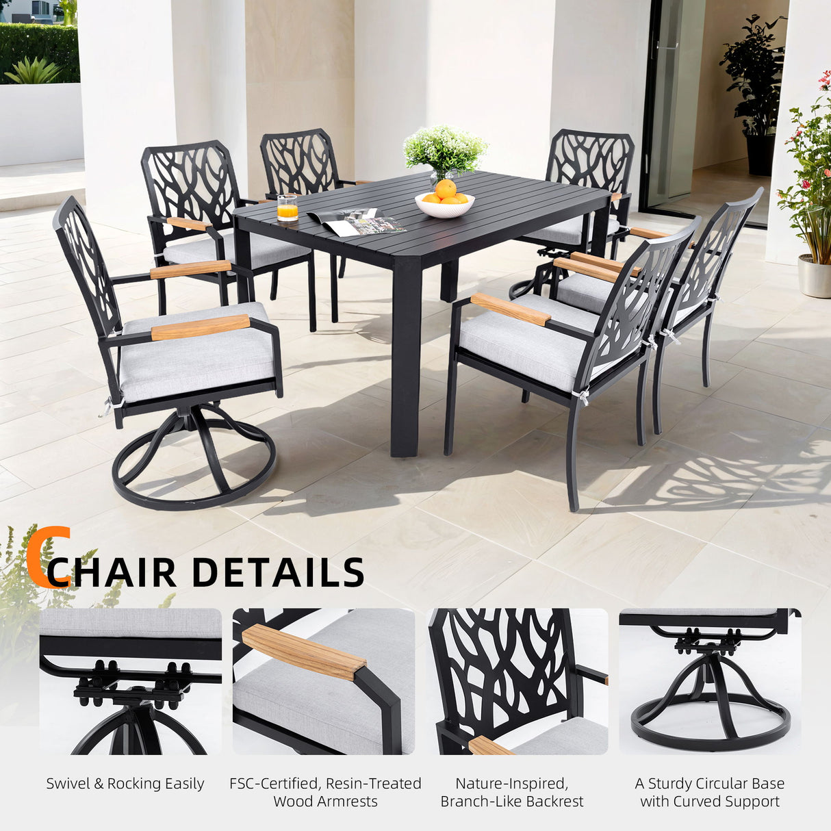 Outdoor Patio Furniture Dining Set With Sunbrella Fabric, Rectangular Table With Umbrella Hole