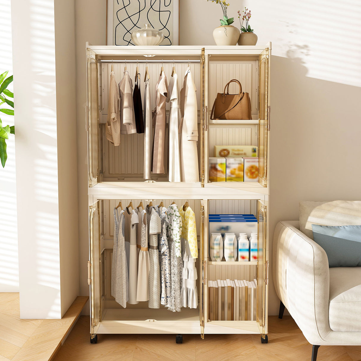 Portable Wardrobe Closet Storage Organizer For Clothes, 6 Magnetic Doors With 6 Cubes & 2 Hanging Rods, 6 Hangers - Cream White