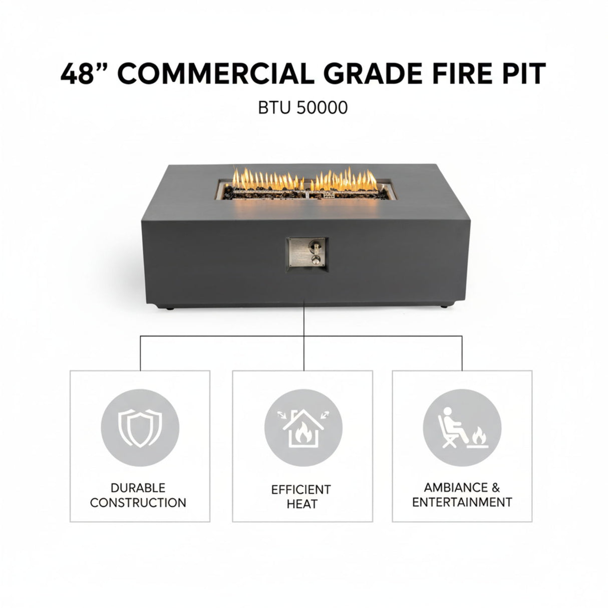 Volon - Rectangular Fire Pit Table, Propane Powered, 50,000 BTU - Light Gray