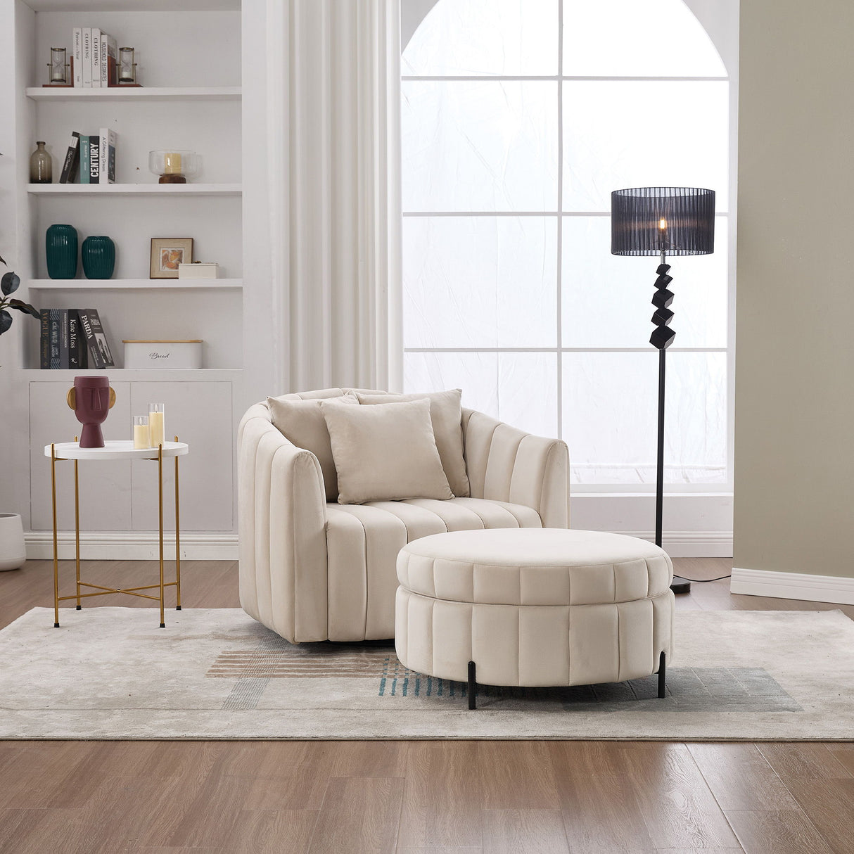 Oversized Velvet Swivel Barrel Accent Chair And Ottoman Set With Storage