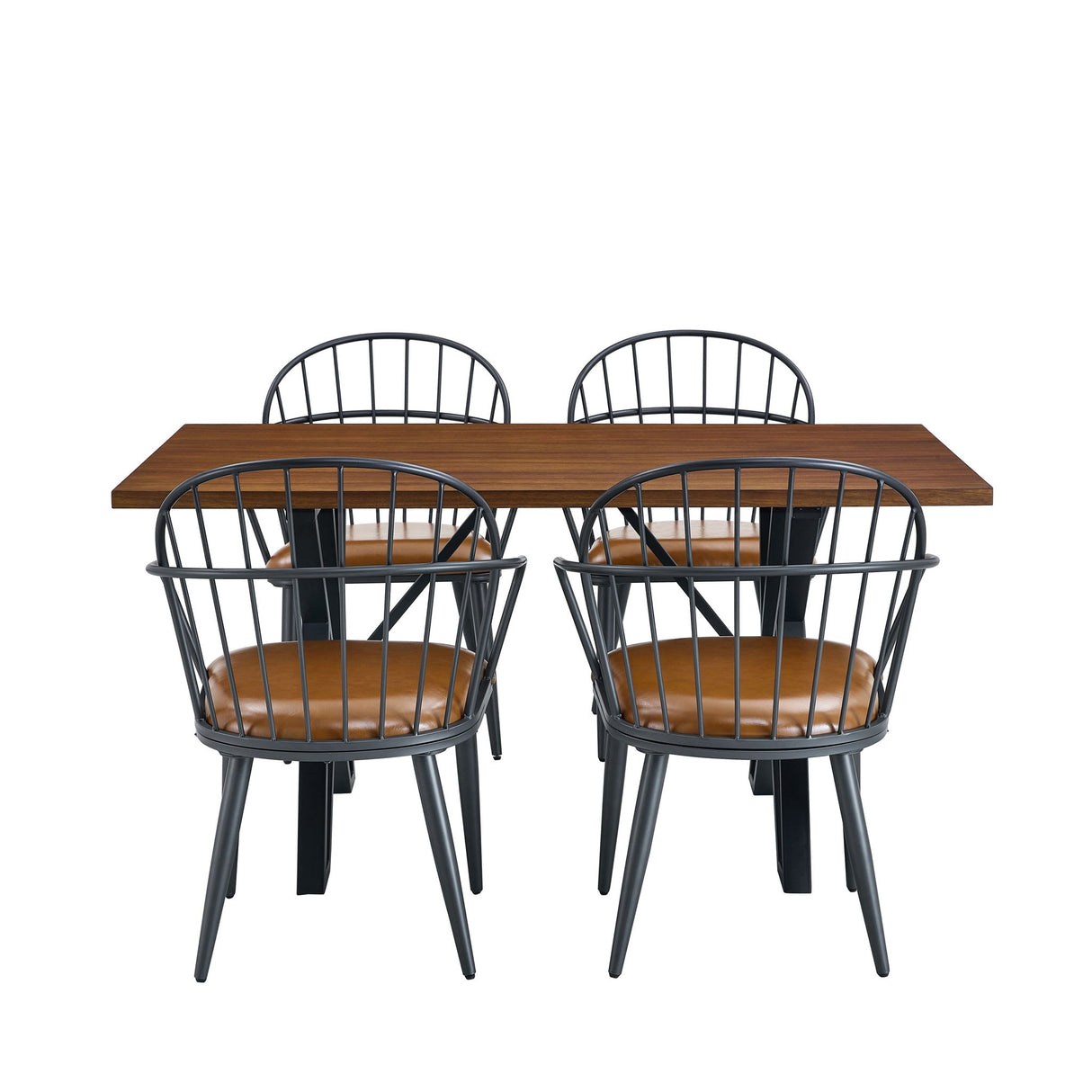 5 Piece Industrial Style Indoor Upholstered Dining Set With Metal Legs - Brown