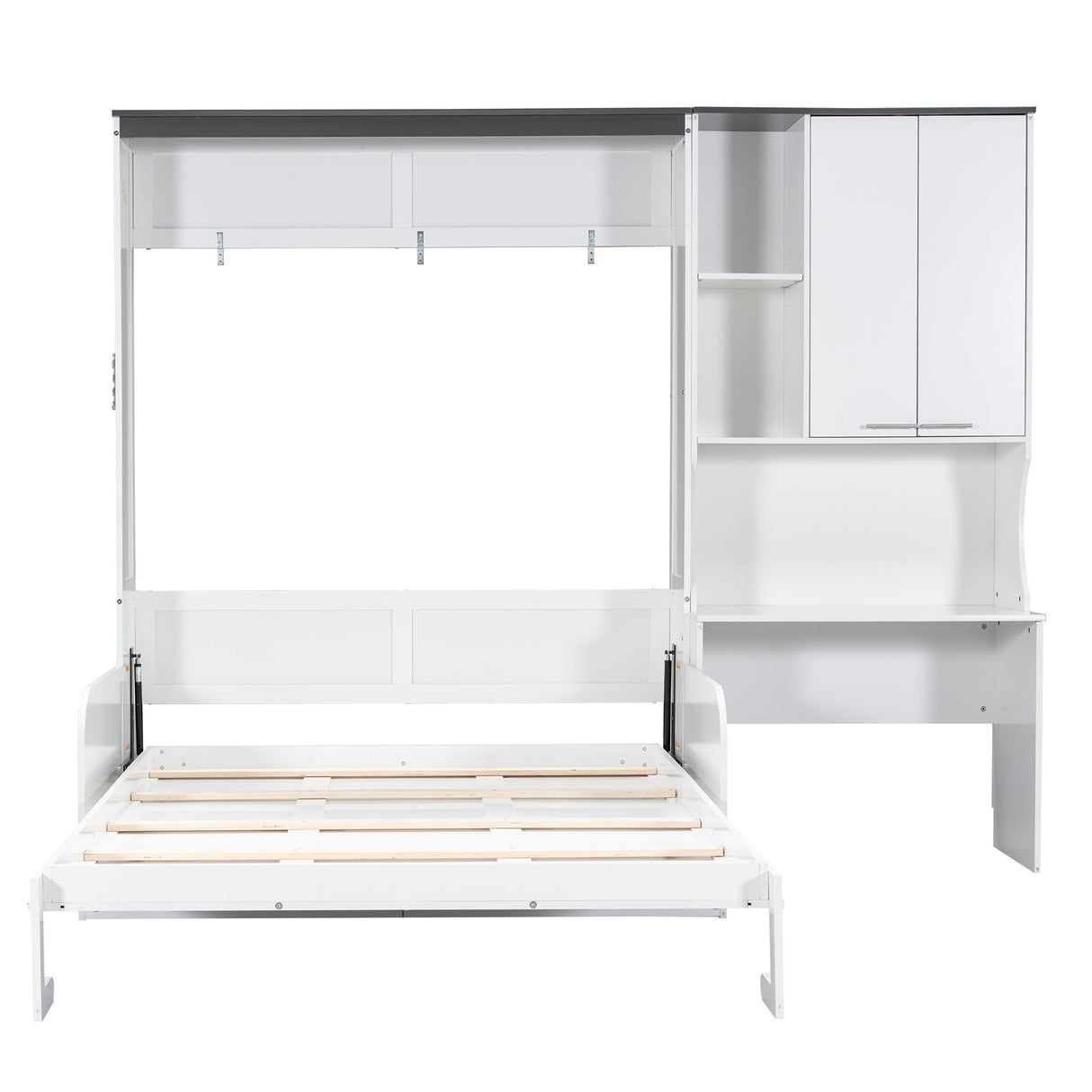 Multi Functional Murphy Bed With Sofa, Desk, And Storage Cabinet, Queen Size - White