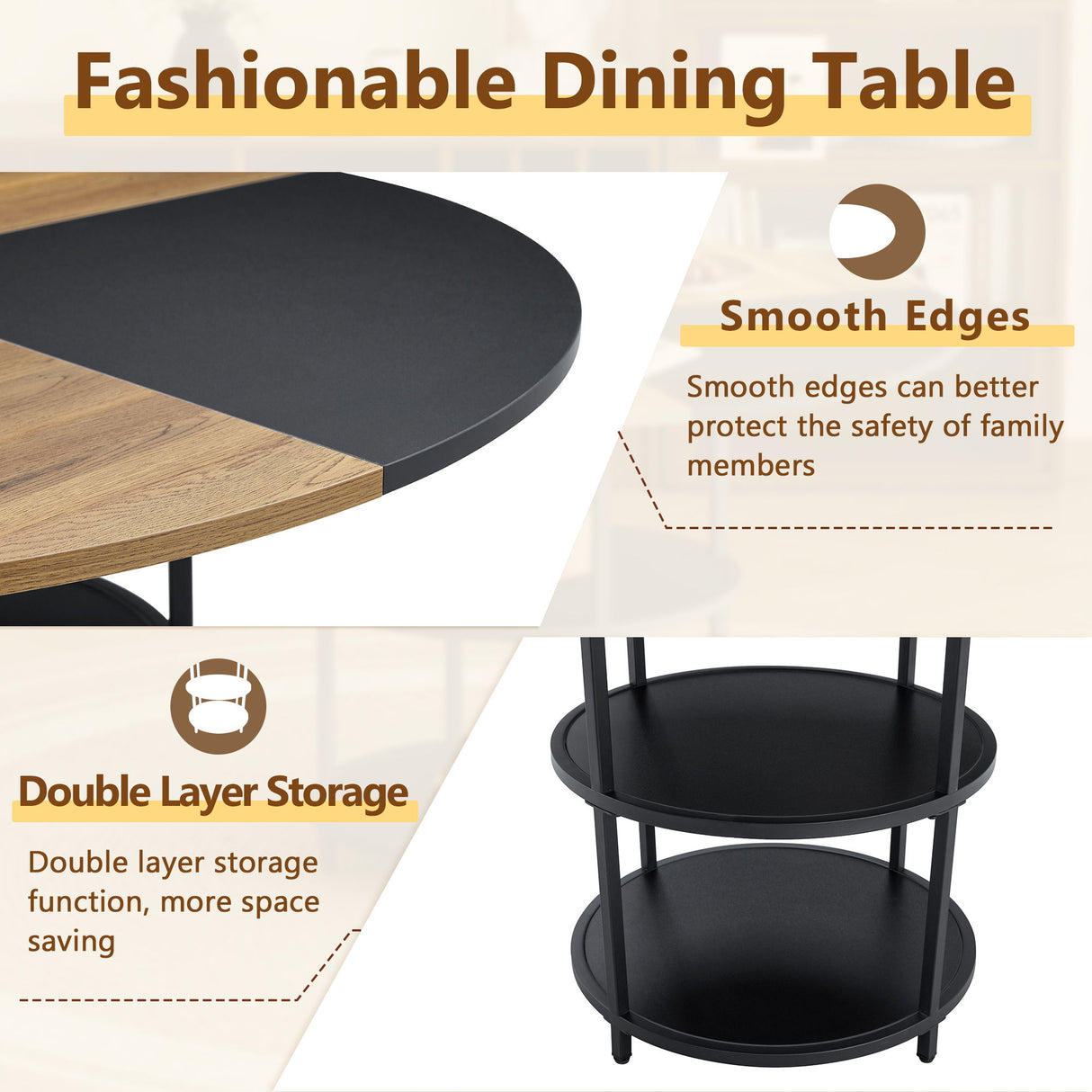 Diameter - Modern Splicing Circular Dining Table Double Layer Storage - Wood / Black