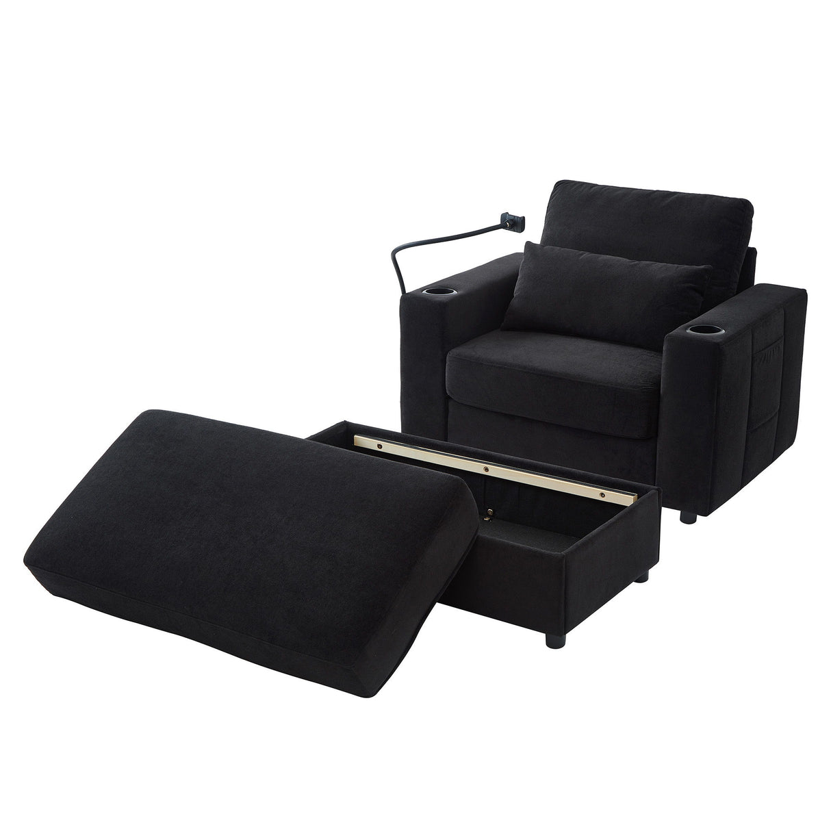 Modern Style Armchair Chaise Lounge Sofa Couch With Movable Storage Ottoman, USB Ports, Cup Holders, Phone Holder, Side Pockets