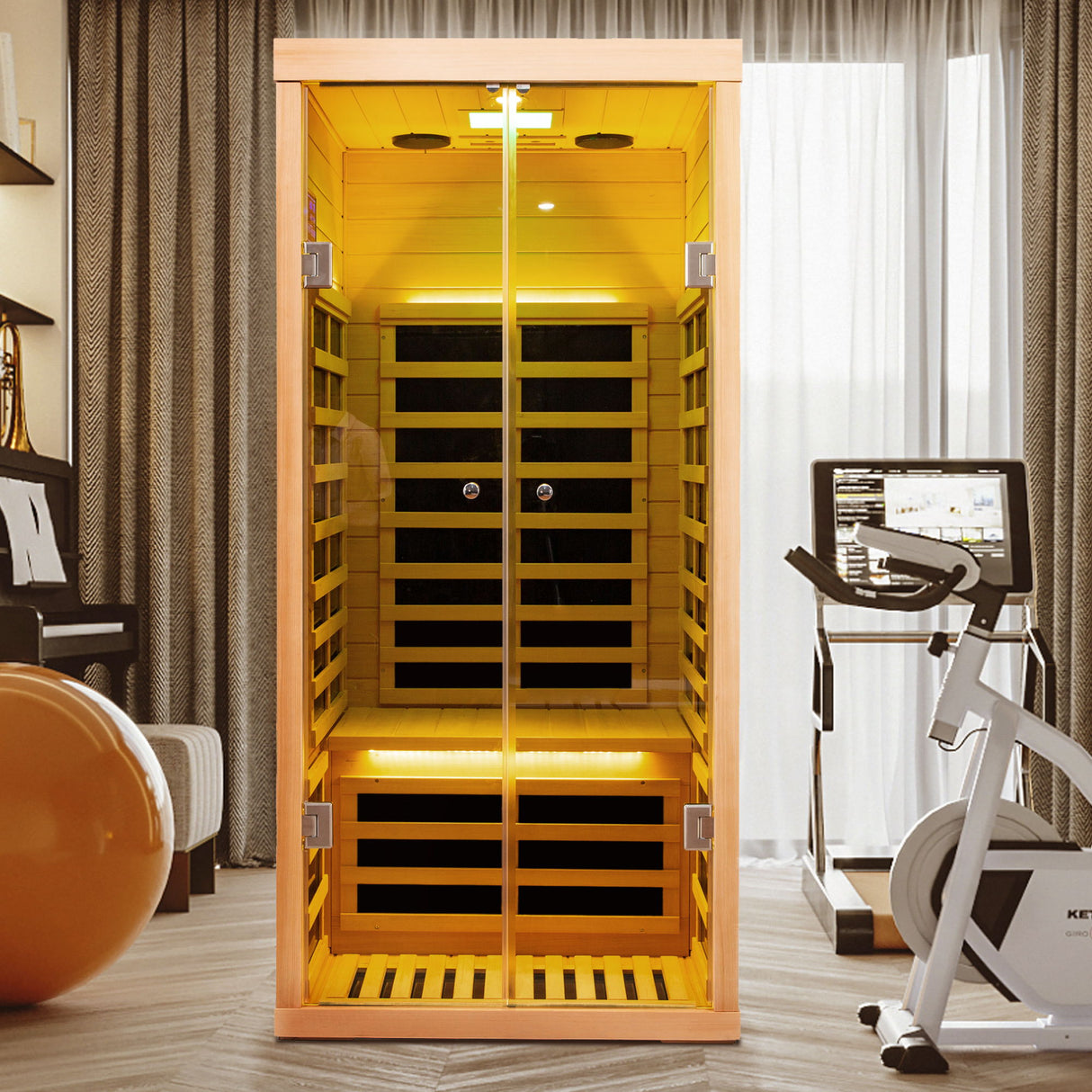 Low EMF, Wide Space Hemlock Double Doors Great Glass Luxury Indoor Far Infrared Sauna Room