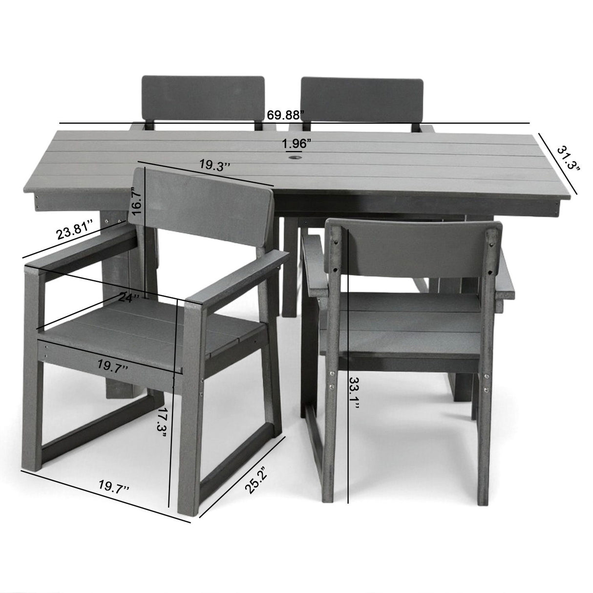 5 Piece Outdoor Dining Set, Table With Umbrella Hole And 4 Armrest Chairs