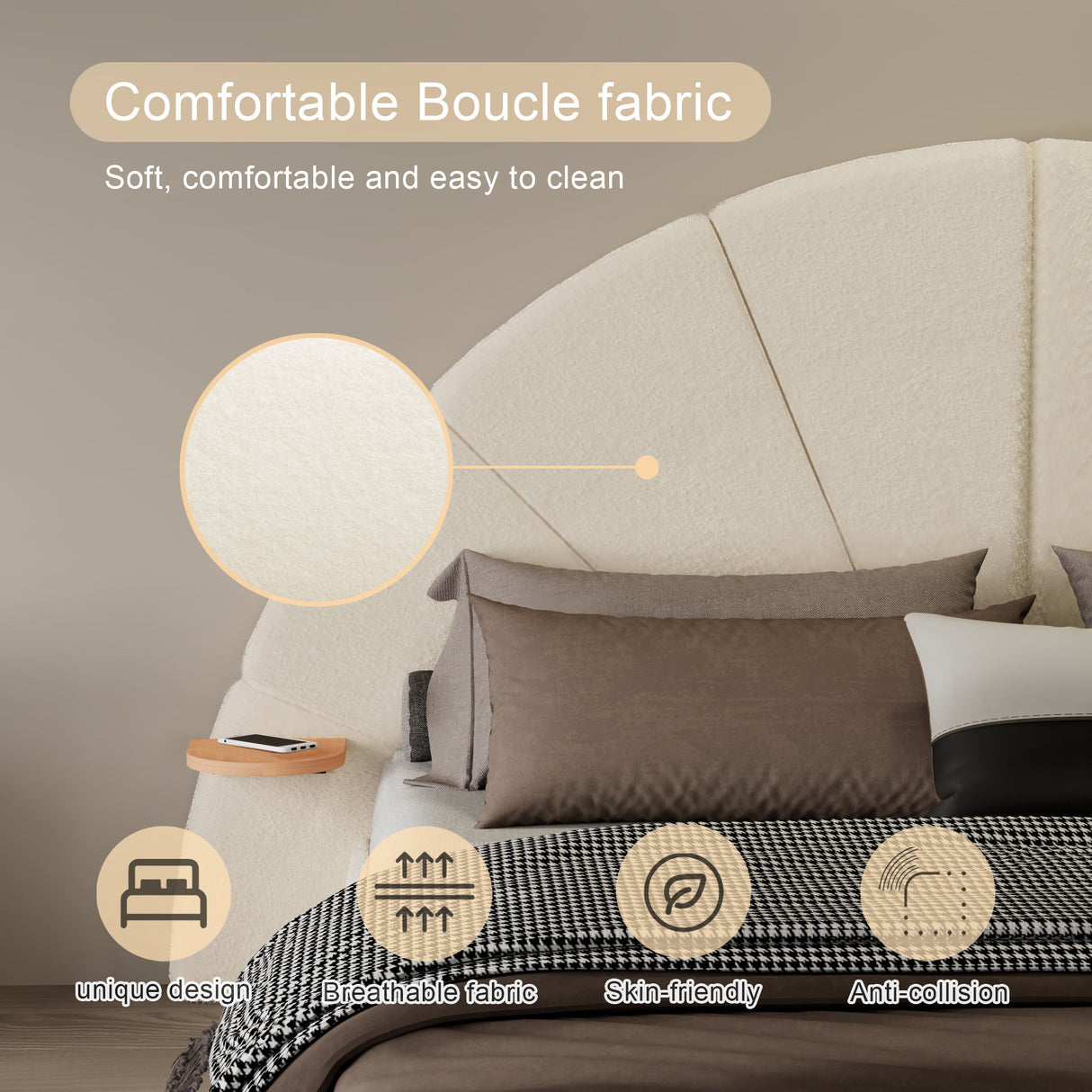 Queen Arched Bed With Small Table, Floor Standing Design - Beige