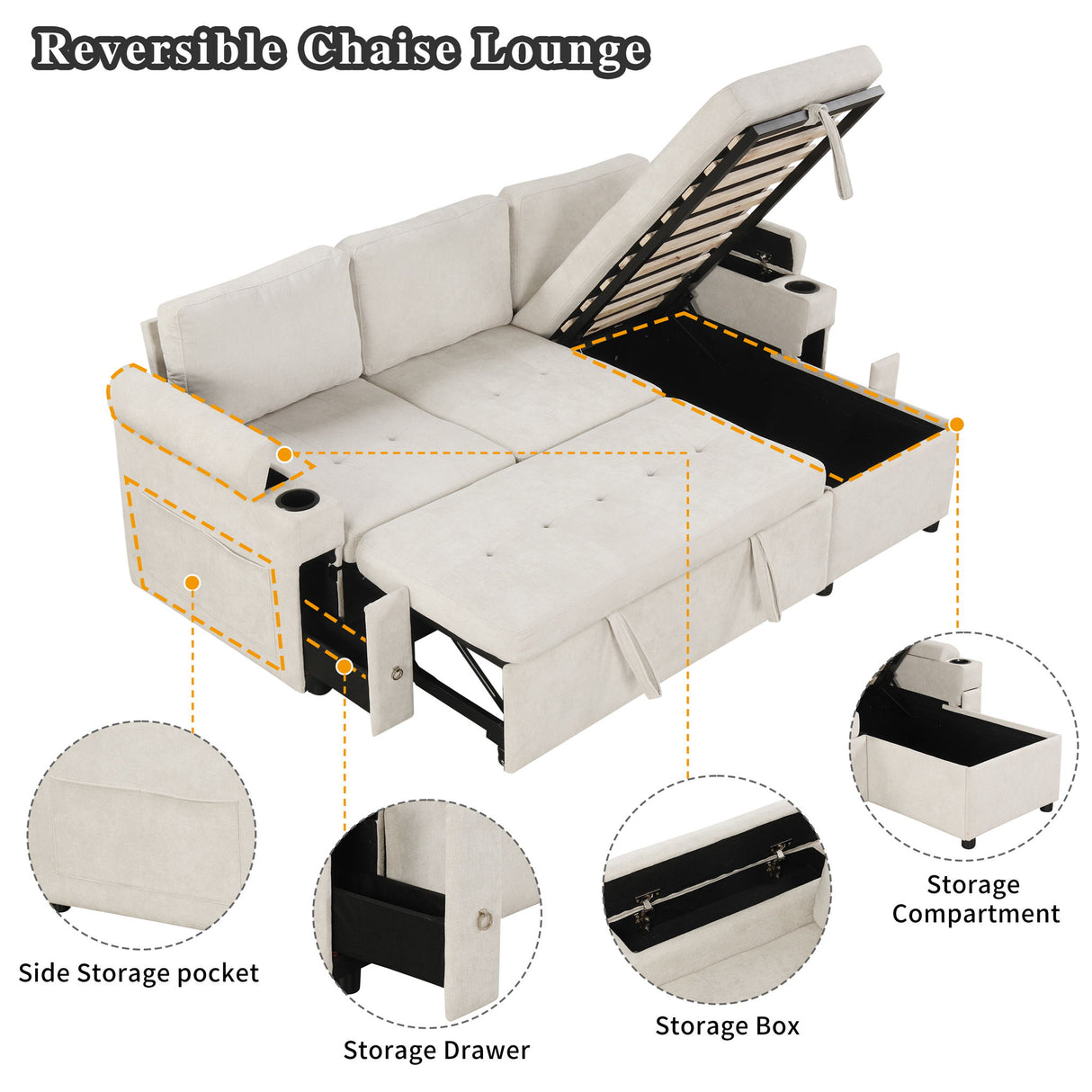 Convertible L Shaped Sofa Couch With Storage, Cup Holders, USB Ports