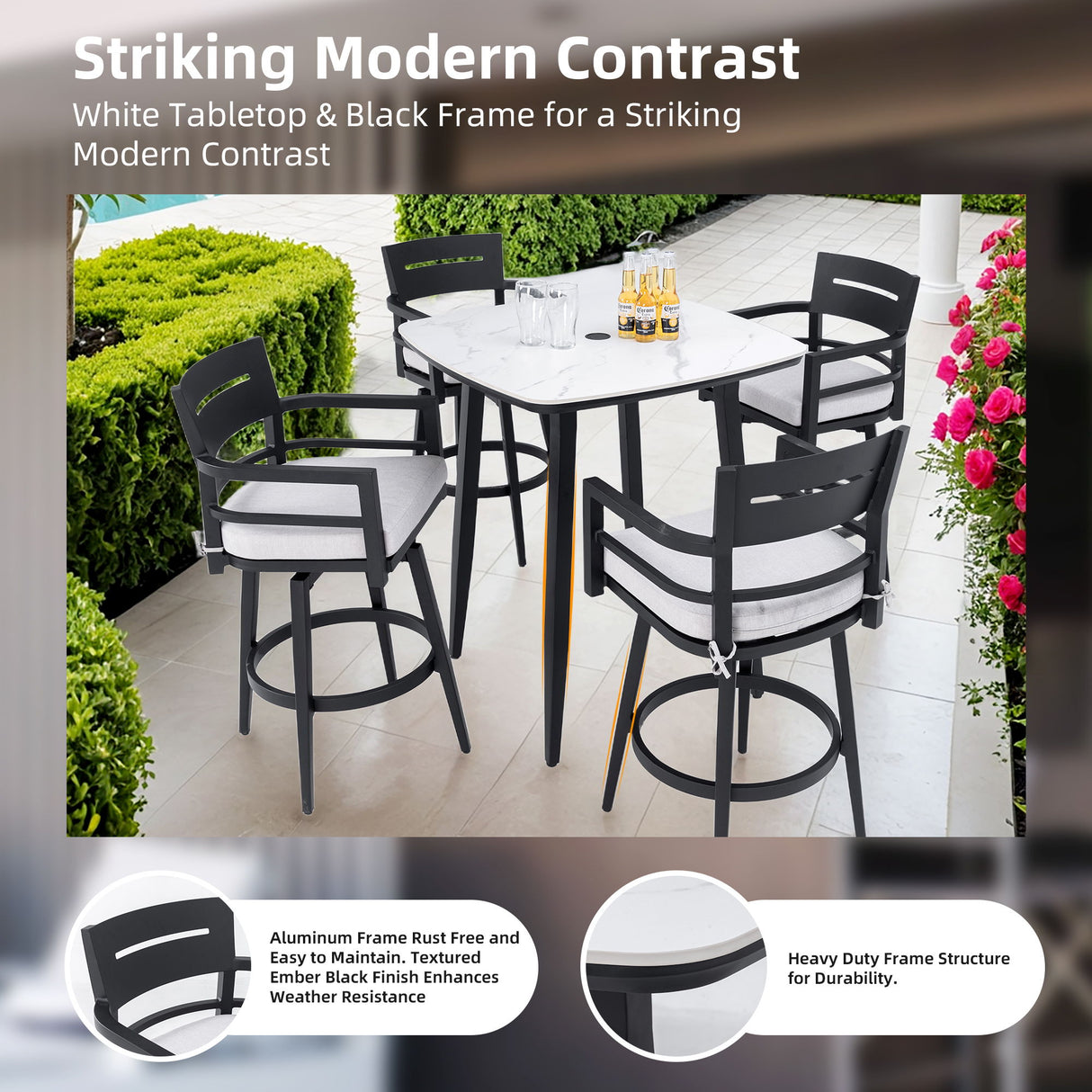 Modern Outdoor Patio Bar Set, Rounded Square Table & Bar Chairs, Non Rust Frame, Tapered Legs, Sunbrella Cushion