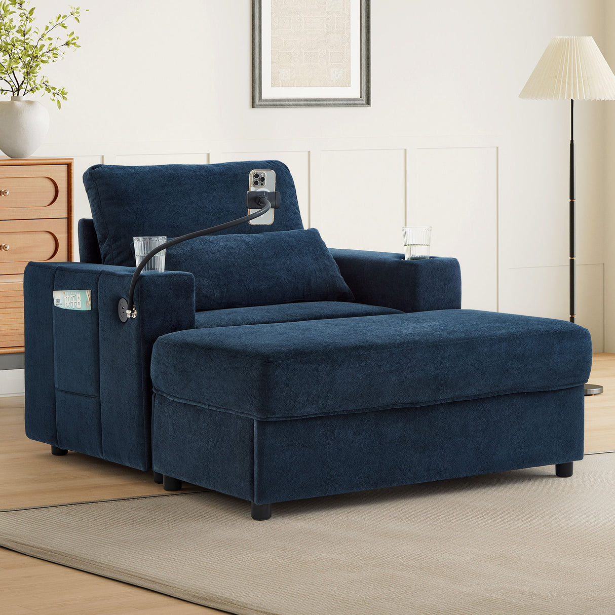 Modern Style Armchair Chaise Lounge Sofa Couch With Movable Storage Ottoman, USB Ports, Cup Holders, Phone Holder, Side Pockets