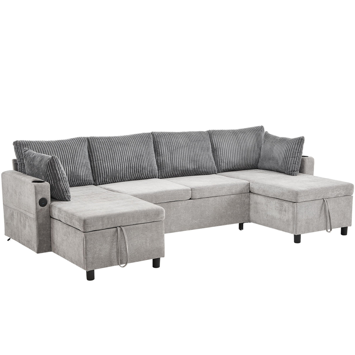 Sectional Sofa Bed With Pull Out Sleeper, USB Ports, Cup Holders