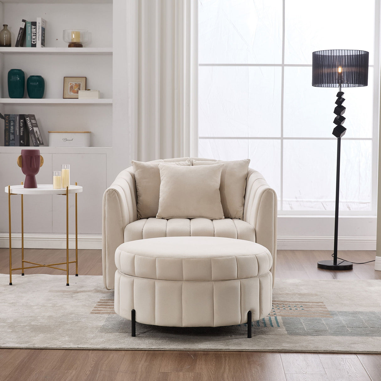 Oversized Velvet Swivel Barrel Accent Chair And Ottoman Set With Storage