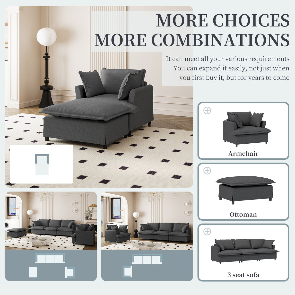 Oversized Chaise Lounge Indoor Single Sofa Bed With Wide Seat, Upholstered Lazy Sleeper Armchair With Movable Ottoman Reading Couch Set