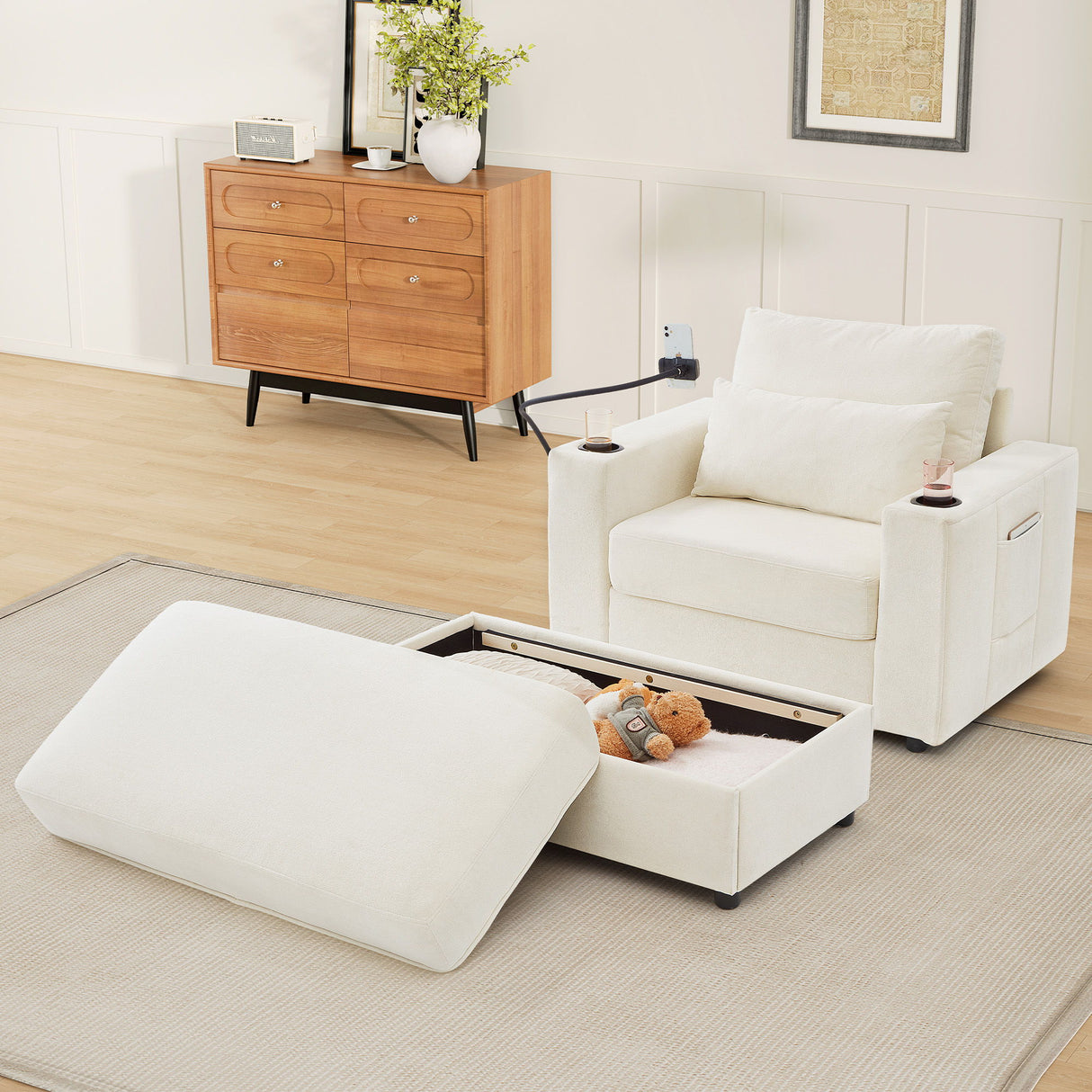 Modern Style Armchair Chaise Lounge Sofa Couch With Movable Storage Ottoman, USB Ports, Cup Holders, Phone Holder, Side Pockets