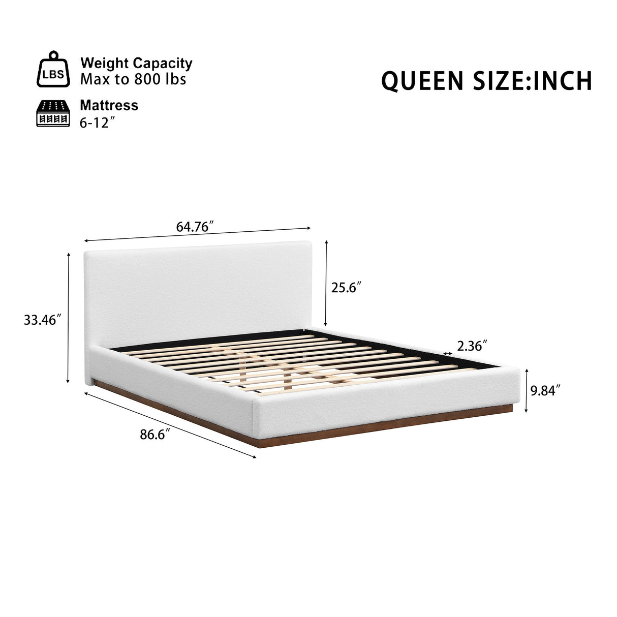 Elegant Boucle Upholstered Bed With Wood Grain Textured Solid Wood Base Frame