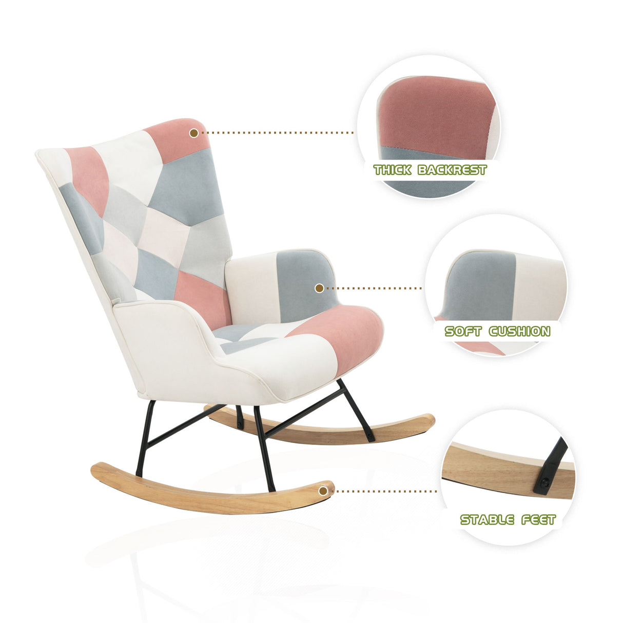 Mid Century Rocking Chair With Ottoman Patchwork Linen Wood Legs Design Living Room And Bedroom - Colorful