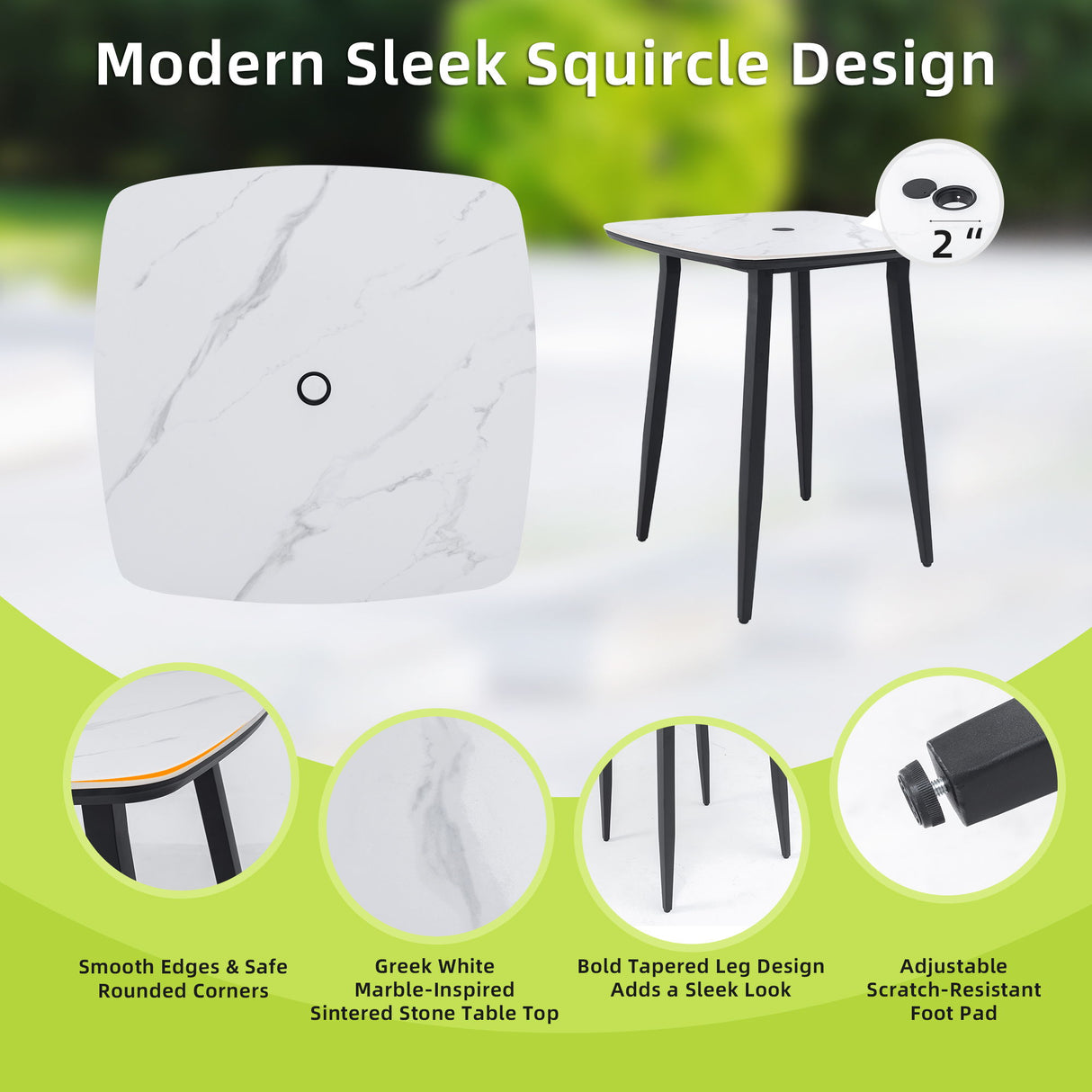 Modern Outdoor Patio Bar Set, Rounded Square Table & Bar Chairs, Non Rust Frame, Tapered Legs, Sunbrella Cushion