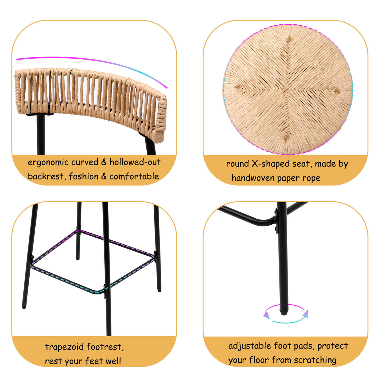 Boho Style Handwoven Paper Rope Counter Stools (Set of 2)