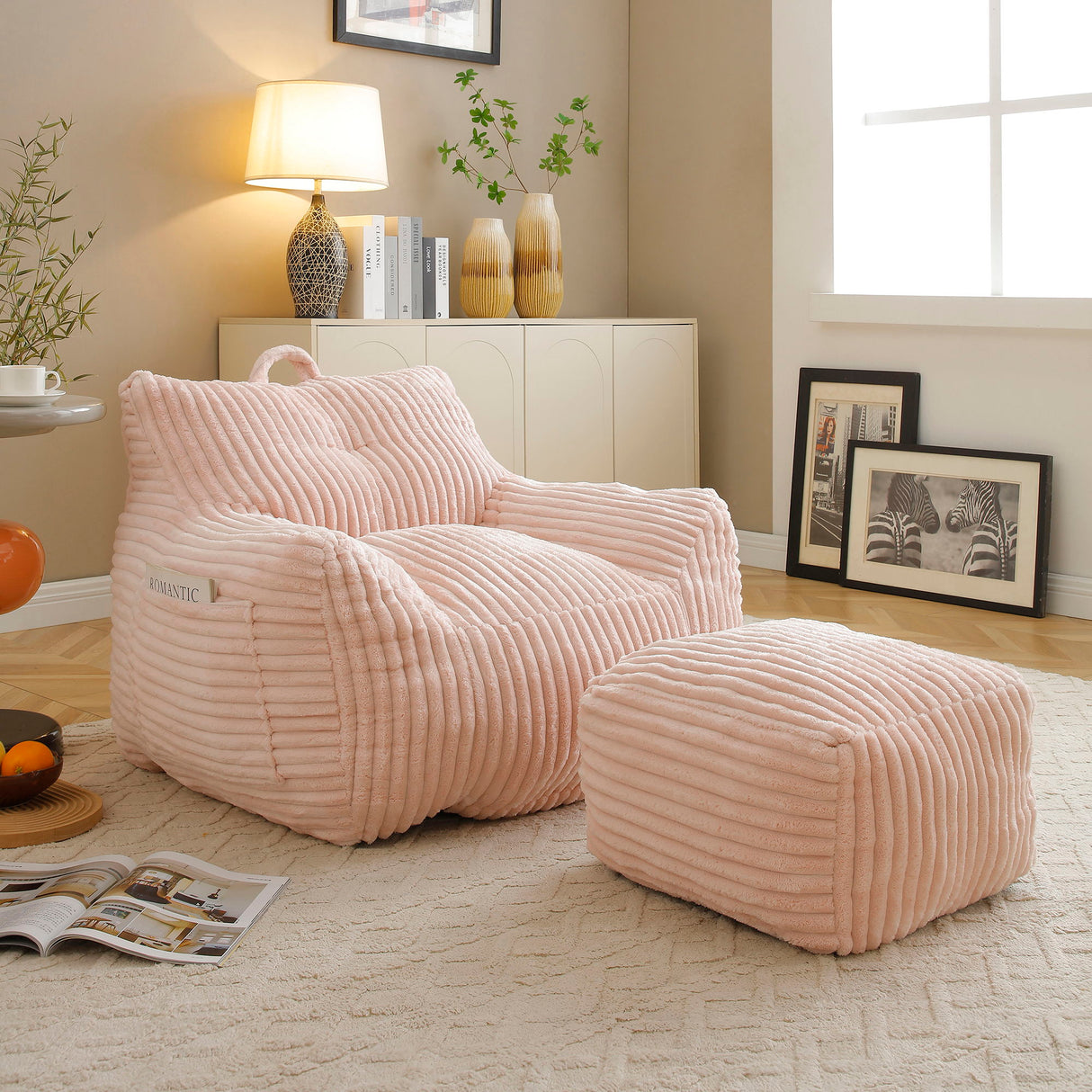 Giant Plush Bean Bag Chair With Armrests And Footstool