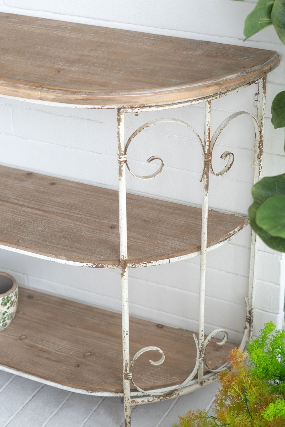 3 Tiered Wooden Shelving Unit With Ornate Iron Frame - Multicolor