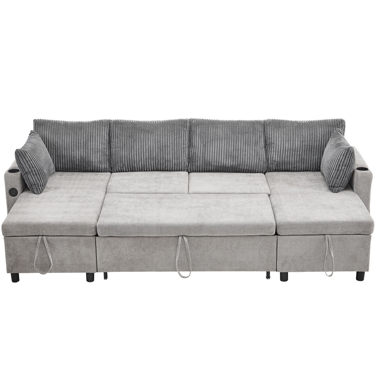 Sectional Sofa Bed With Pull Out Sleeper, USB Ports, Cup Holders