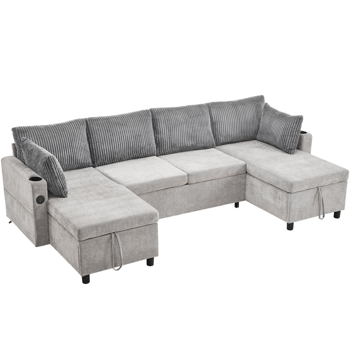 Sectional Sofa Bed With Pull Out Sleeper, USB Ports, Cup Holders