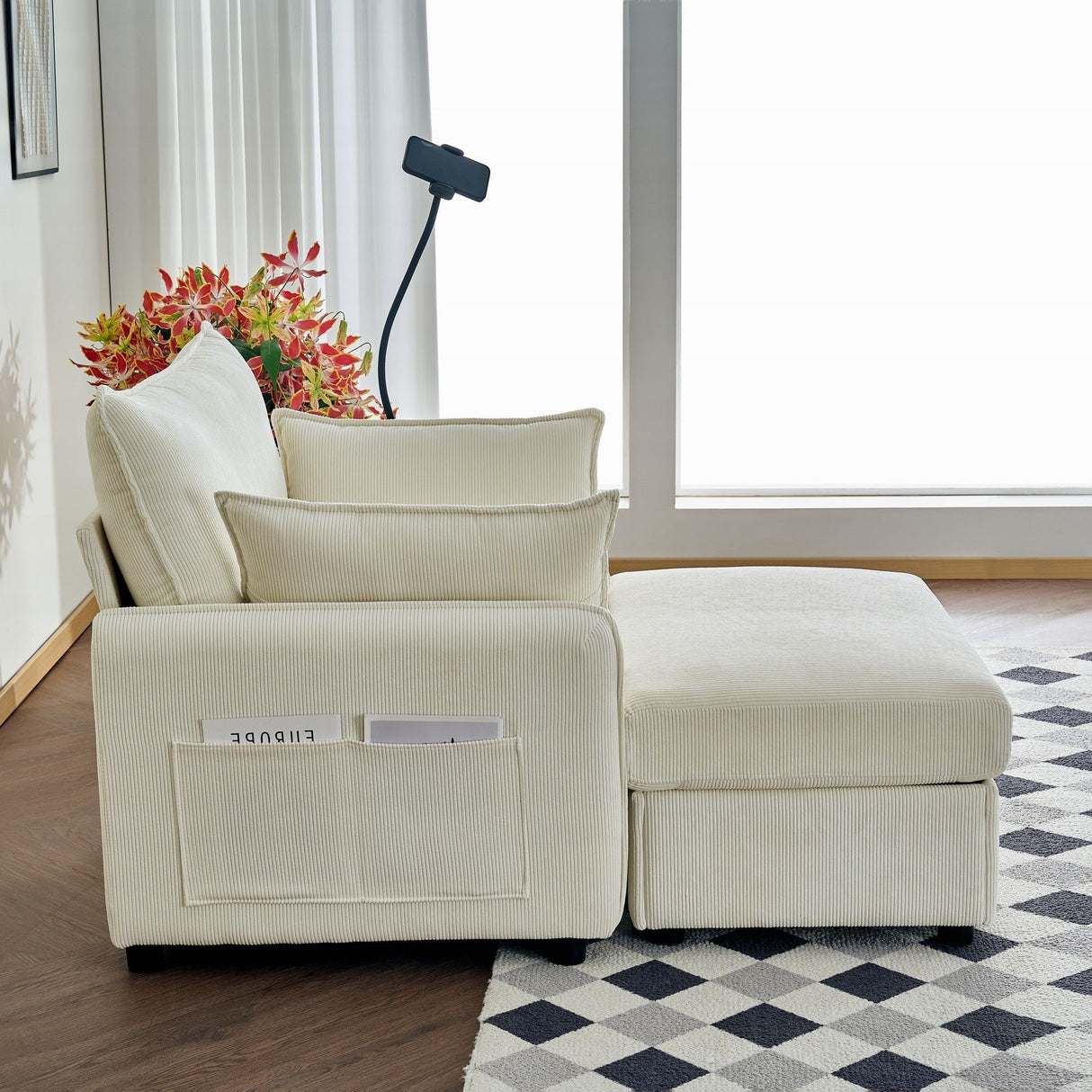 Comfy Corduroy Oversized Chaise Lounge Chair With Ottoman And Storage