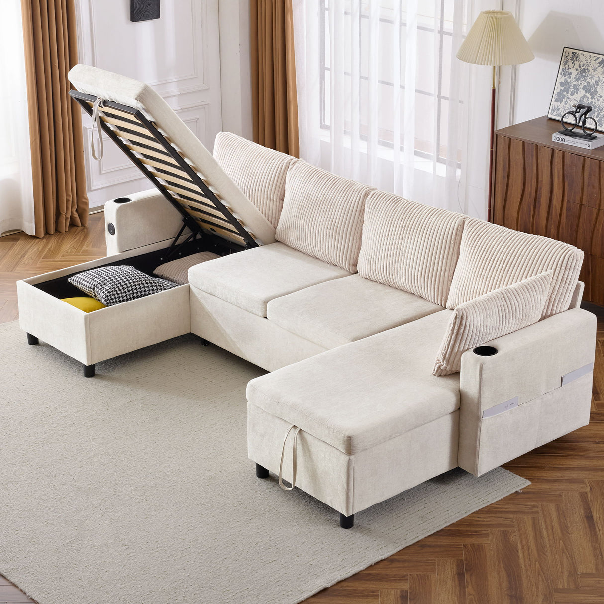 Sectional Sofa Bed With Pull Out Sleeper, USB Ports, Cup Holders