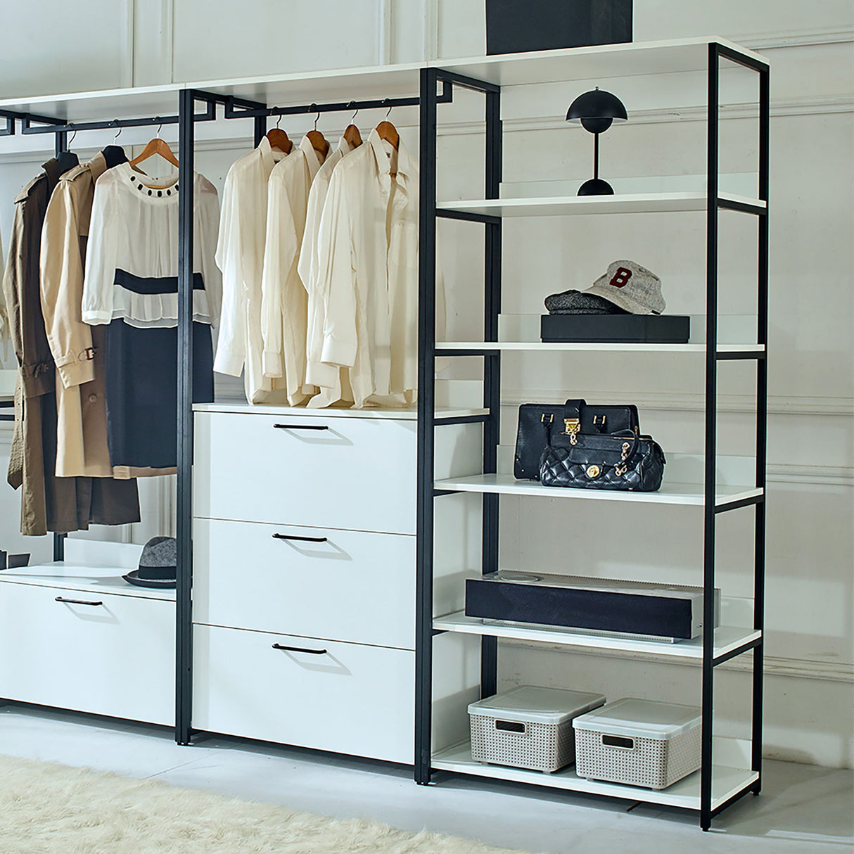 Fiona - Freestanding Walk In Wood Closet System & Metal Frame Durable Storage Solution Melamine - White