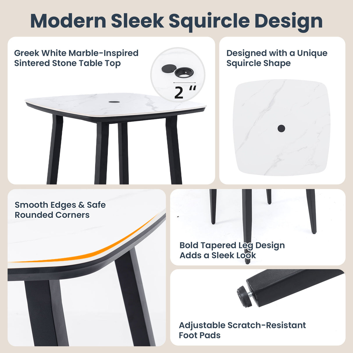 5 Pieces Outdoor Patio Bar Set, Rounded Square Sintered Stone Table & 4 Swivel Bar Chairs