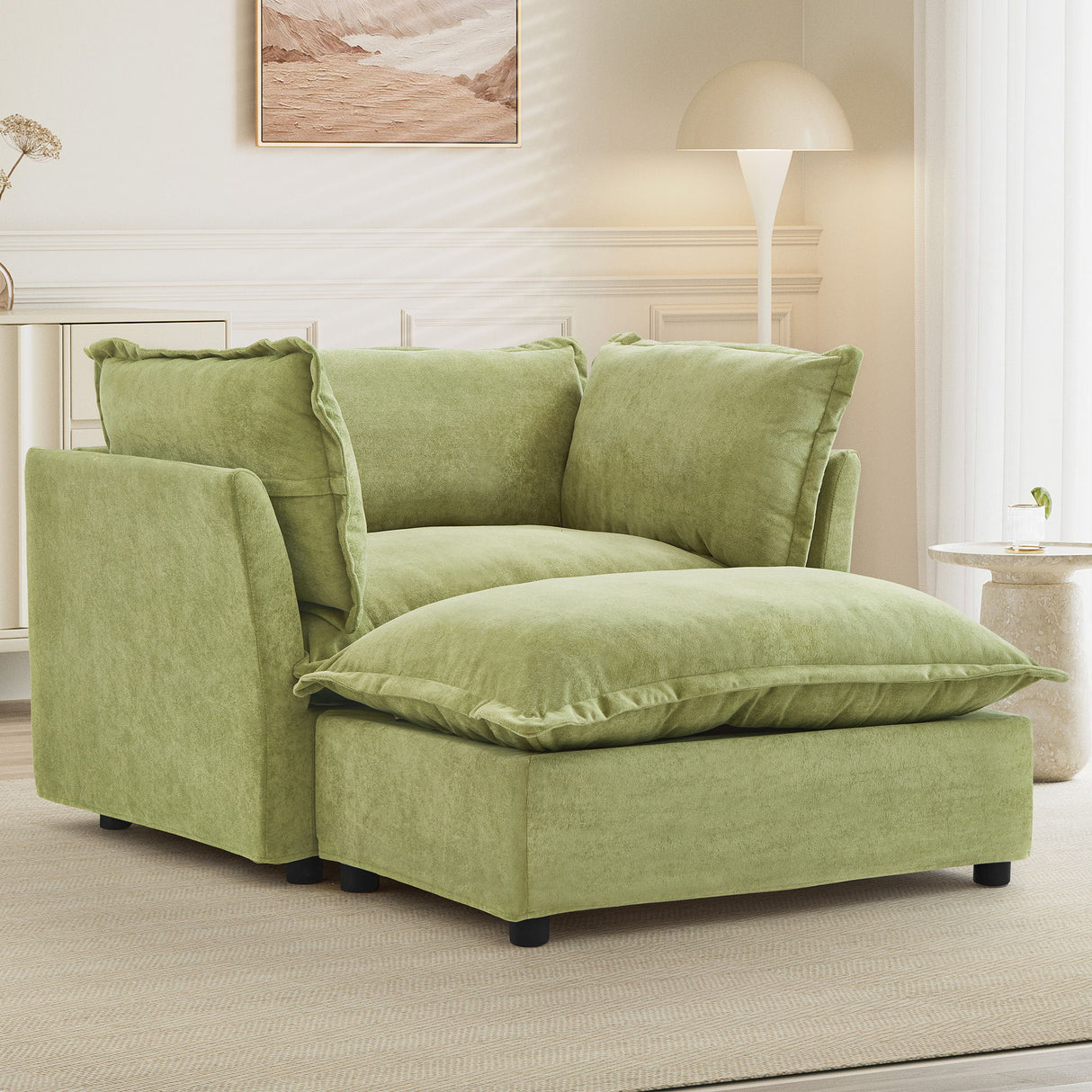 Modern Cozy Upholstered Armchair Sofa With Movable Ottoman