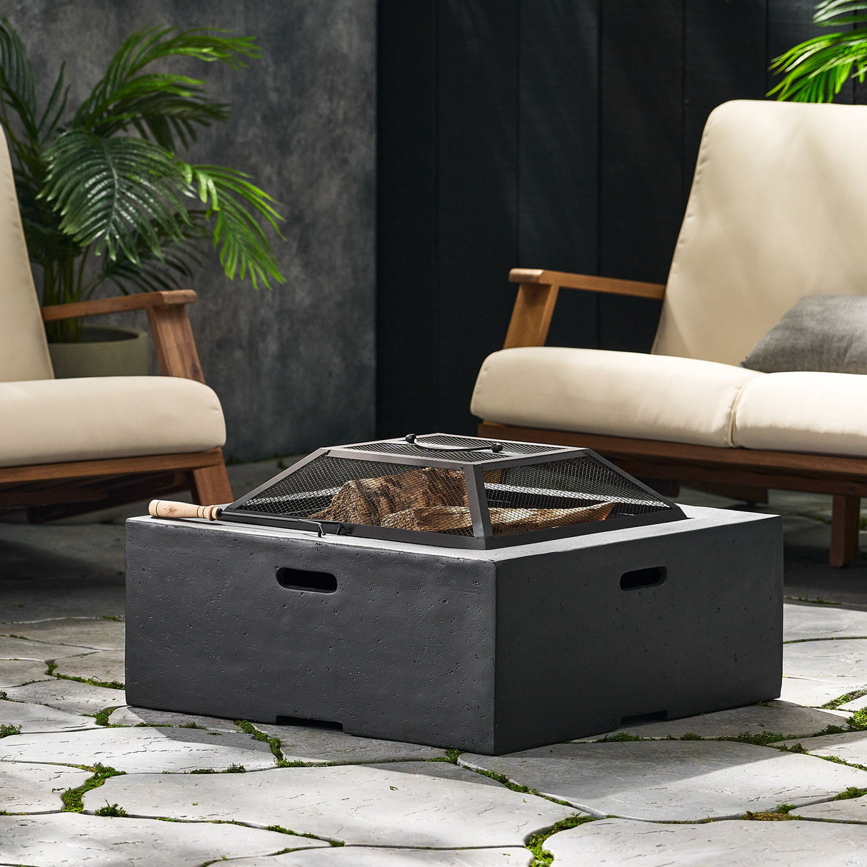 Outdoor Square Mgo Wood Burning Fire Pit - Dark Gray