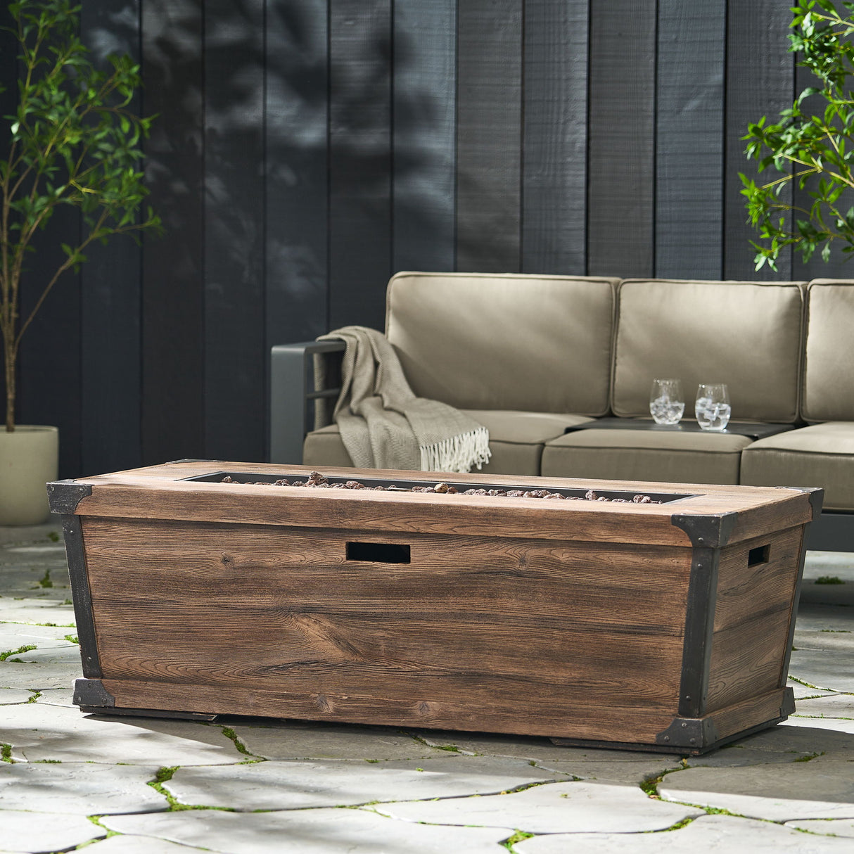 Outdoor Patio Rectangle Gas Burning Fire Pit 50, 000 Btu, Wood Pattern - Brown