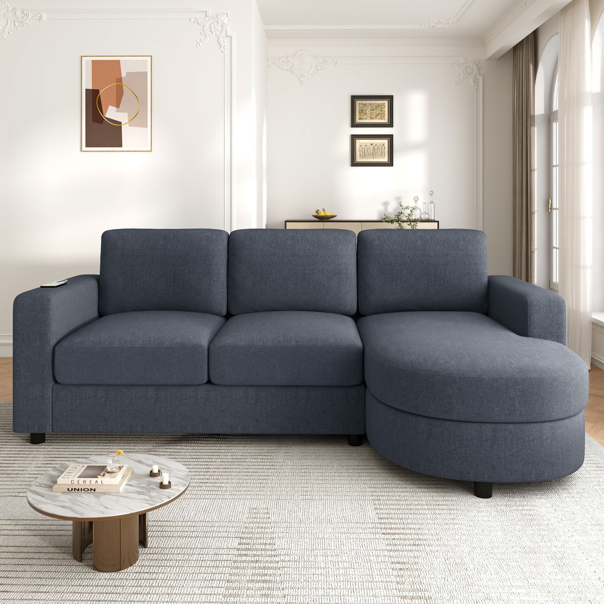 Modern L-Shaped Sectional Sofa With Curved Chaise, USB Ports, And Side Storage Pockets