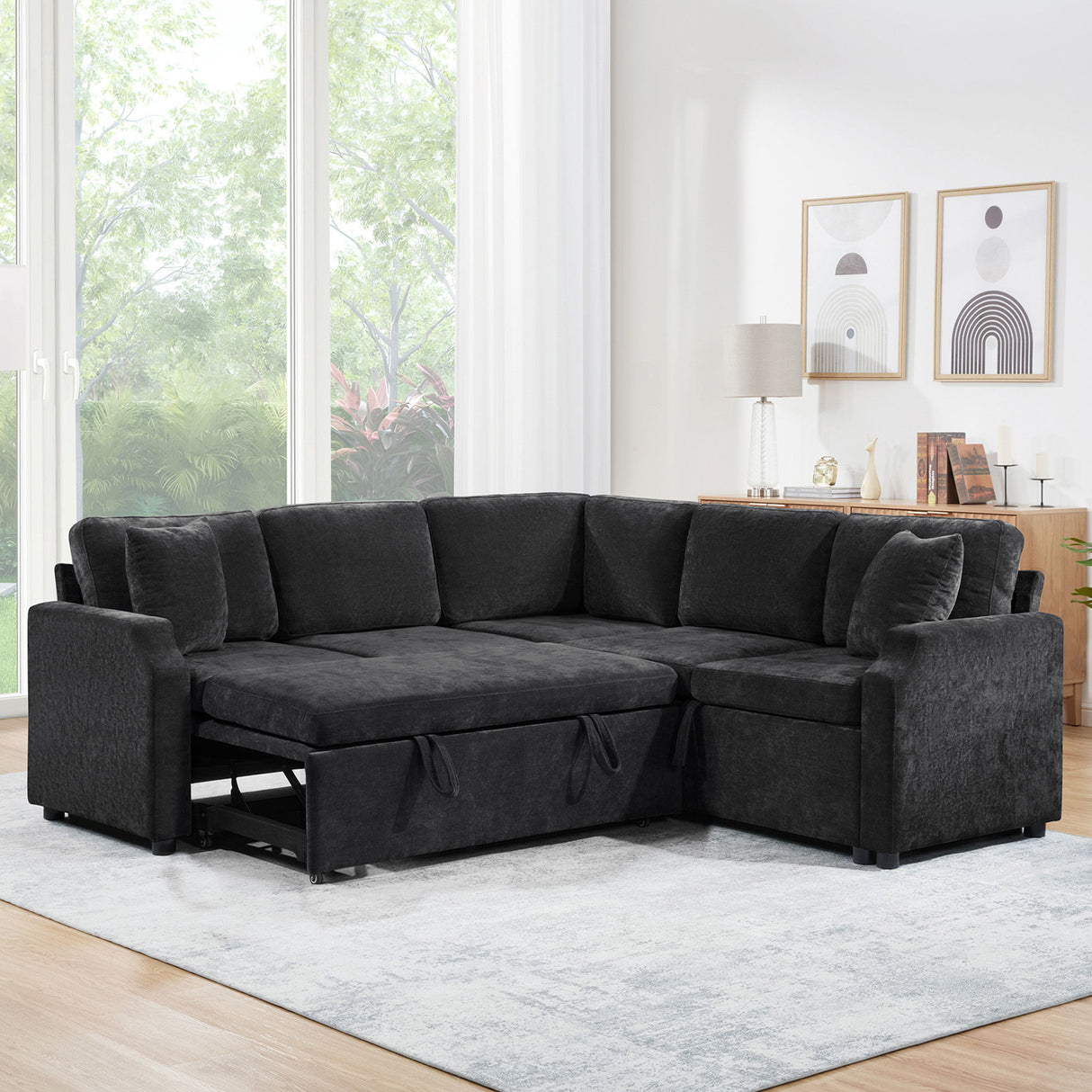 Modern L Shaped Sectional Sofa Bed With Hidden Storage Chenille Upholstery