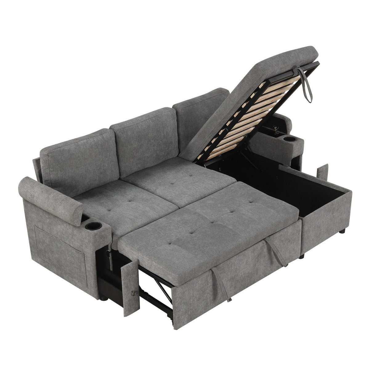 Convertible L Shaped Sofa Couch With Storage, Cup Holders, USB Ports