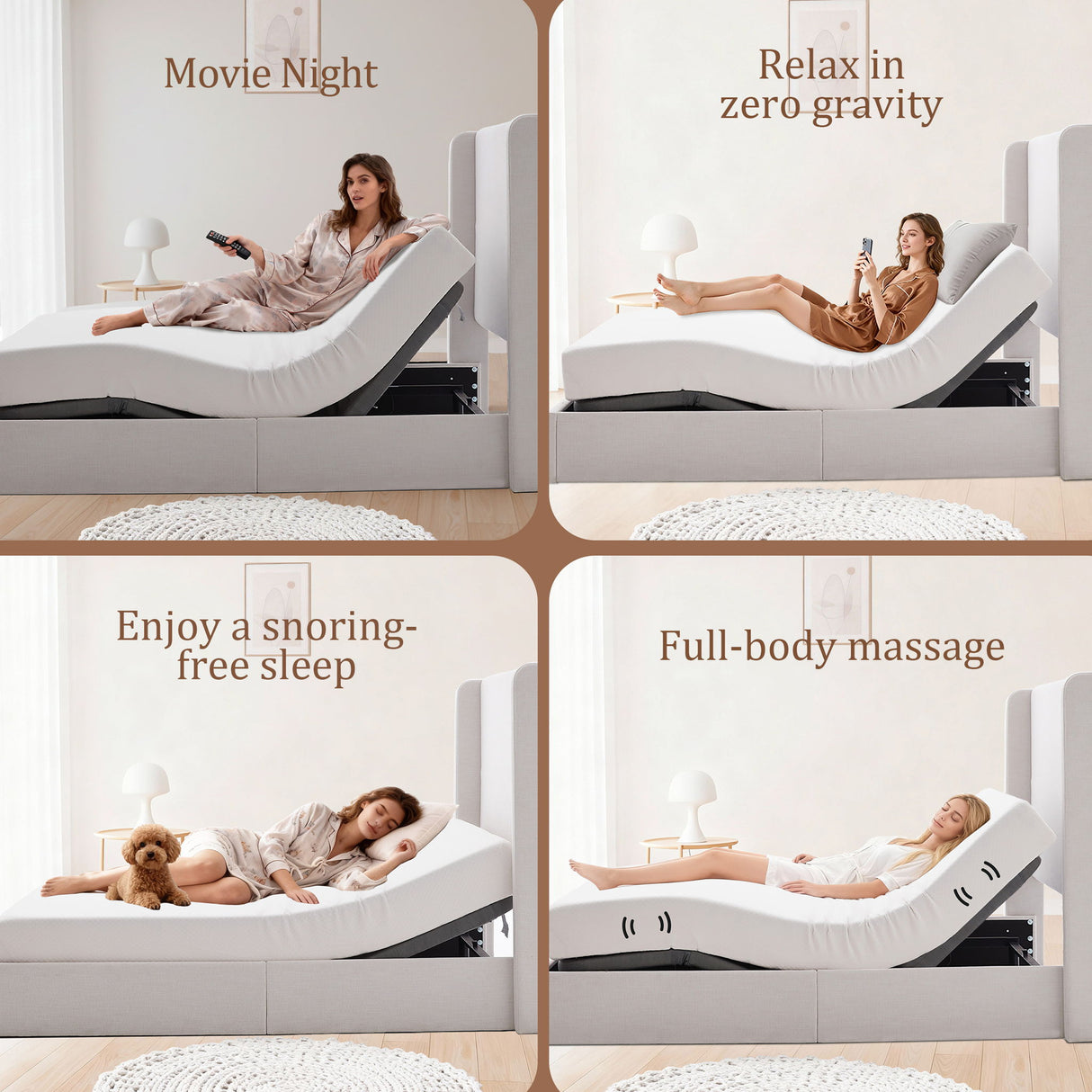 Caron - Queen Size Upholstered Wingback Bed With Adjustable Base Bundle Set - Ivory