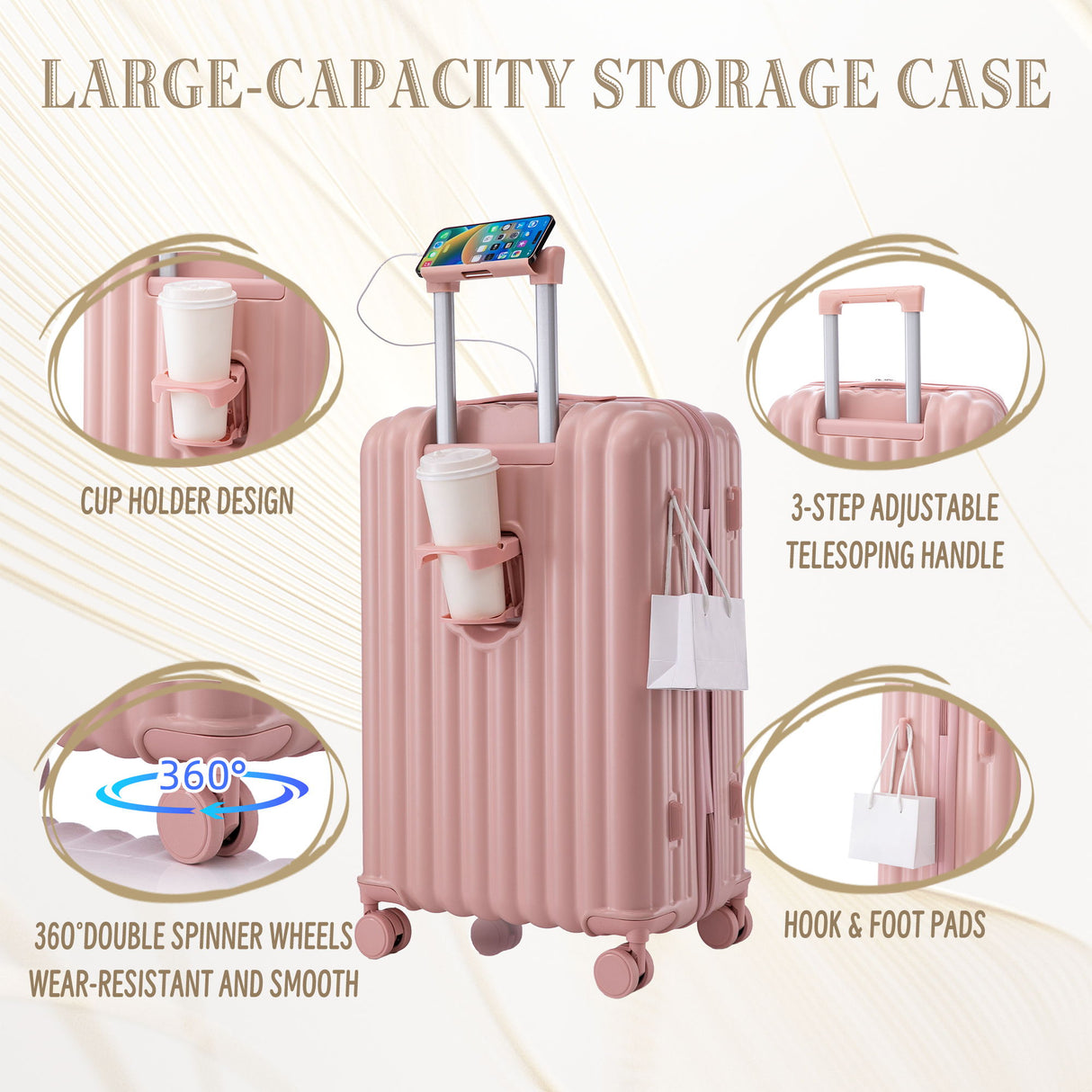 20" / 24" / 28" 3 Pieces / Set Spinner Wheel Luggage, Carry On Suitcase, With Cup Holder & USB Port & Phone Holder
