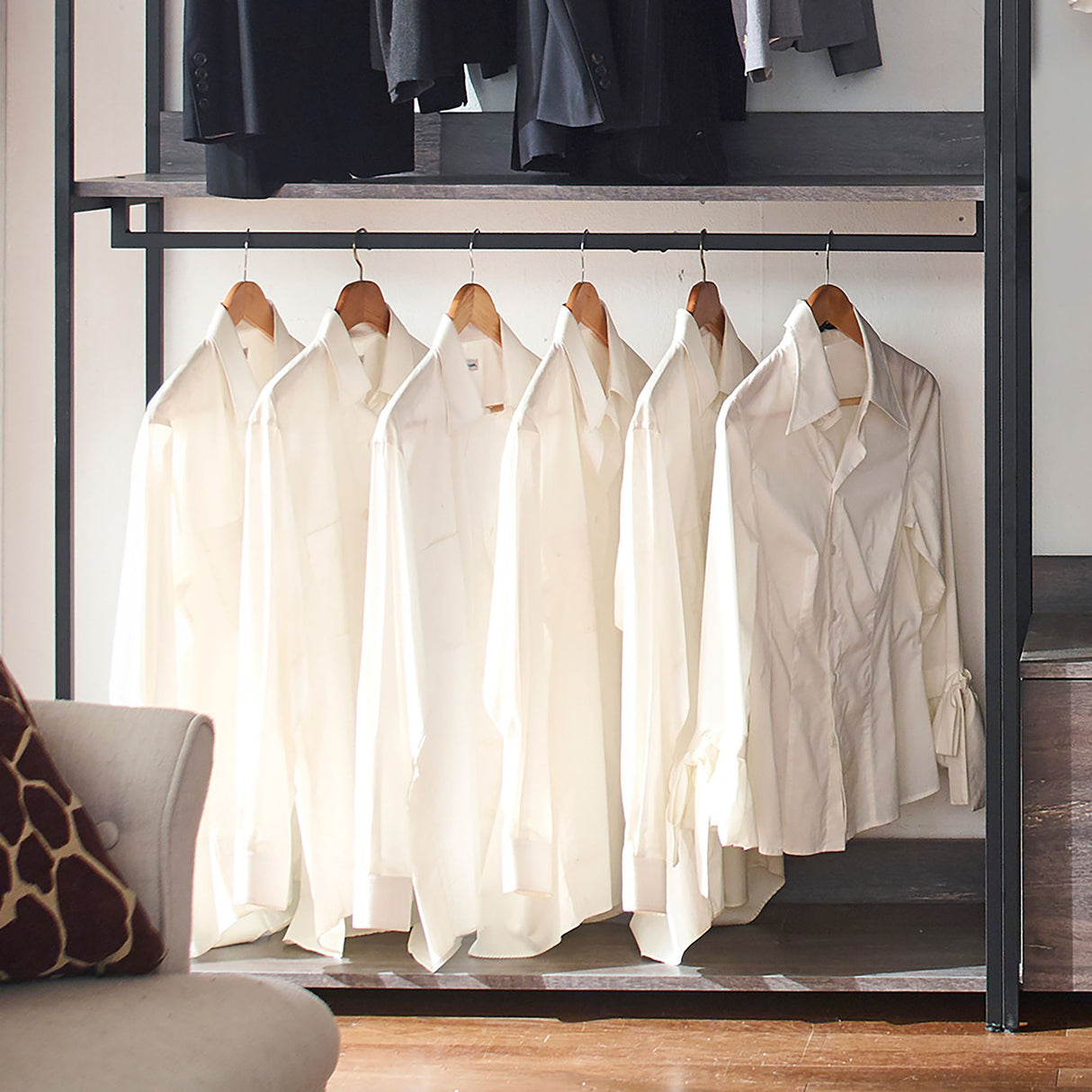 Monica - Wood Walk In Closet System, Powder Coated Metal Frame And Melamine - Rustic