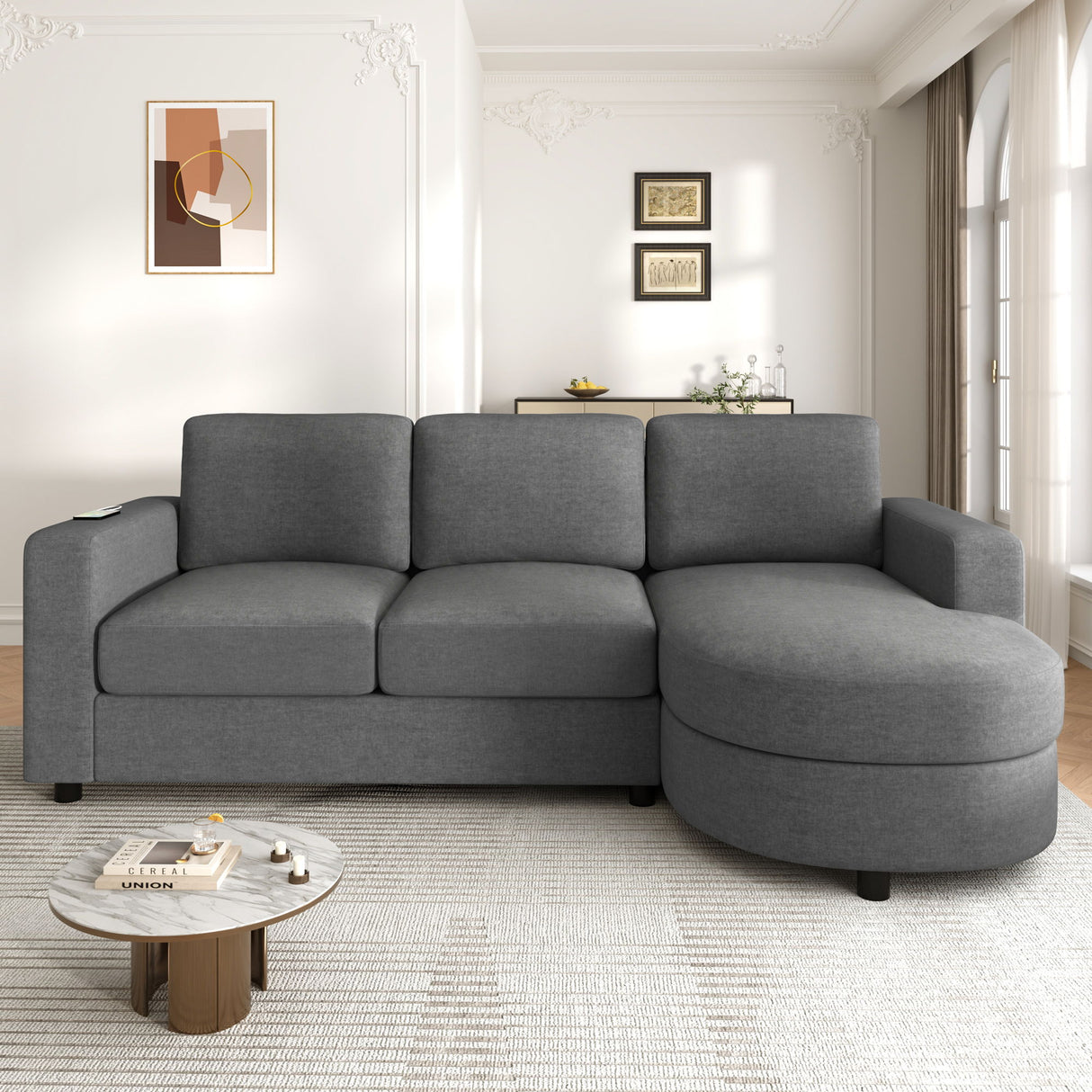 Modern L-Shaped Sectional Sofa With Curved Chaise, USB Ports, And Side Storage Pockets